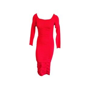 Love Always Bodycon Midi Dress Medium Red Ruched Long Sleeve Ribbed‎ Knit